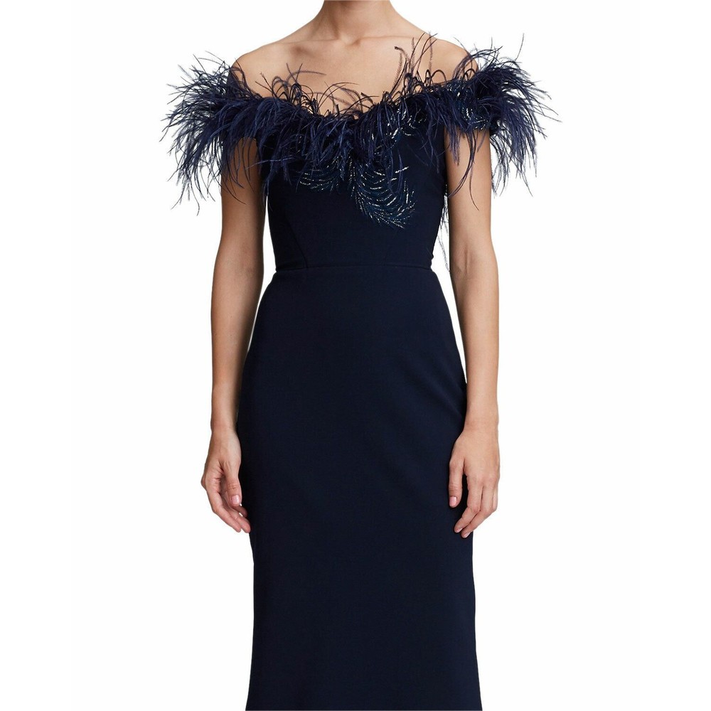 MARCHESA Navy Blue Ostrich Feather Beaded Off Shoulder Fluted Hem Dress 8 M NEW - Picture 11 of 12
